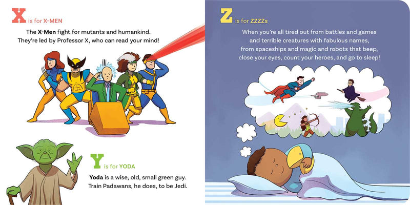 Illustrated book pages with superhero characters and a sleeping child dreaming of space battles.