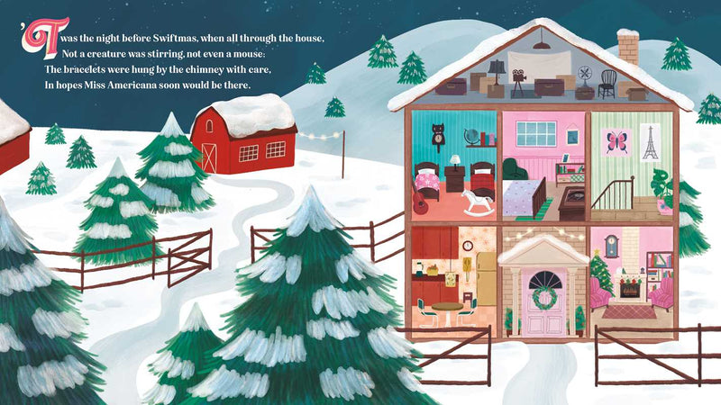 Illustration of a house with rooms open, showing interior details, set against a snowy landscape with trees and a red barn.