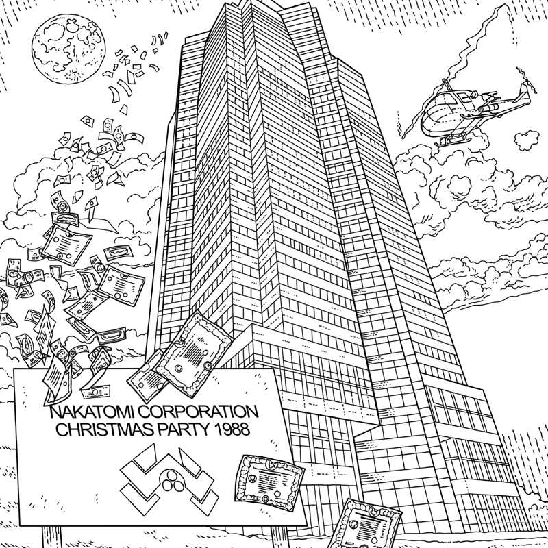 Black and white illustration of a tall building with text and objects around it, resembling a scene from a movie.