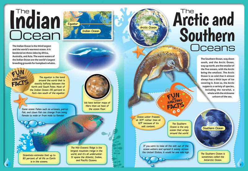 Educational poster about the Indian Ocean and Arctic/Southern Oceans with illustrations and text.
