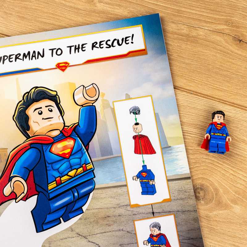 Superman-themed children's book with LEGO Superman figure on a wooden surface