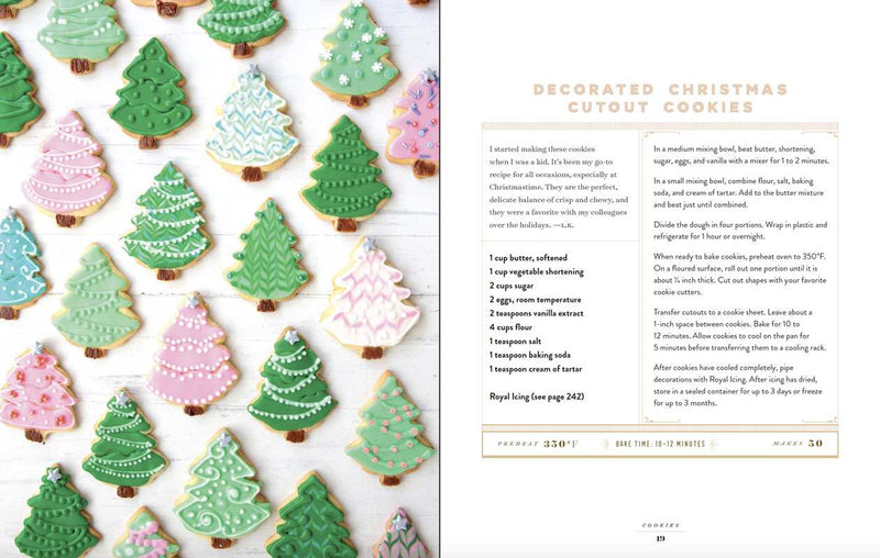 Decorated Christmas cutout cookies with a recipe on the right side.