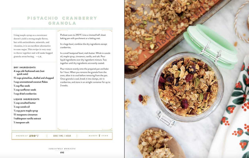 Pistachio cranberry granola with a jar and baking sheet on a marble surface, recipe on the left.