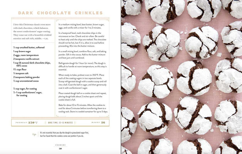 Baking book page with dark chocolate crinkle cookies and recipe text.