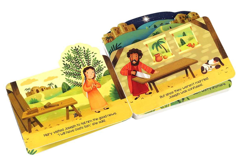 Children's book with illustrated scenes of a man and woman, likely from a religious or historical story.