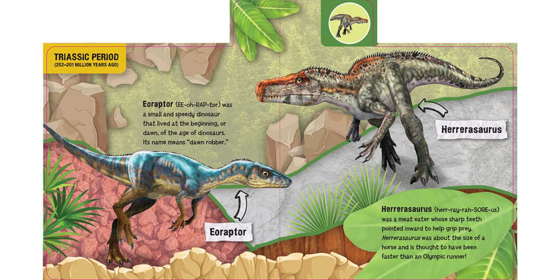 Educational illustration of dinosaurs with labels and descriptive text on a natural background