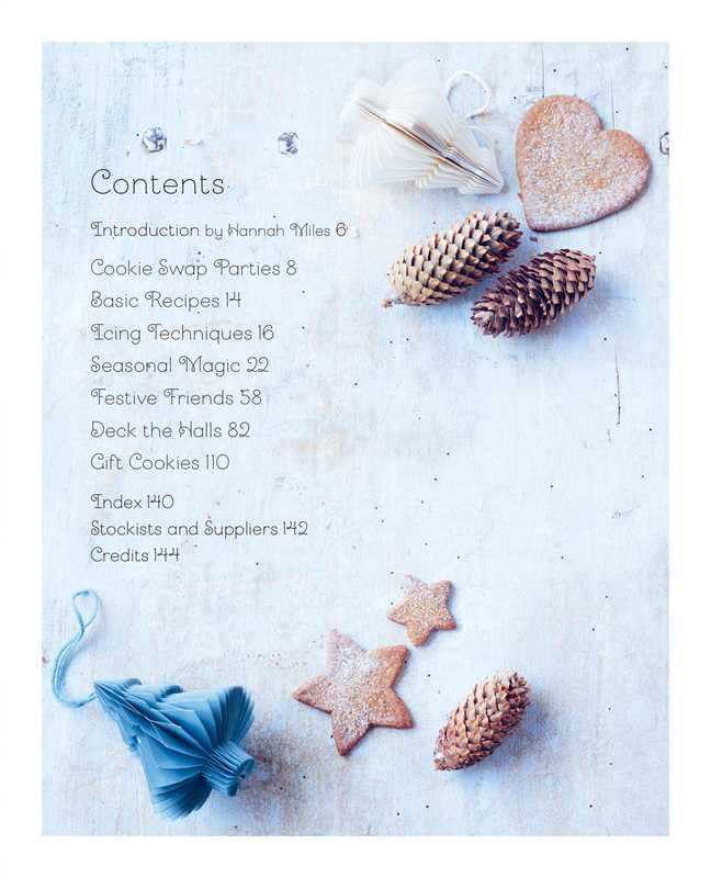 Table of contents for a baking book with cookies and pinecones on a light blue background