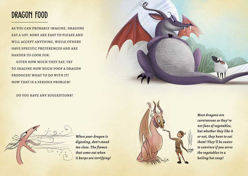 Illustration of a dragon and text about dragon food preferences