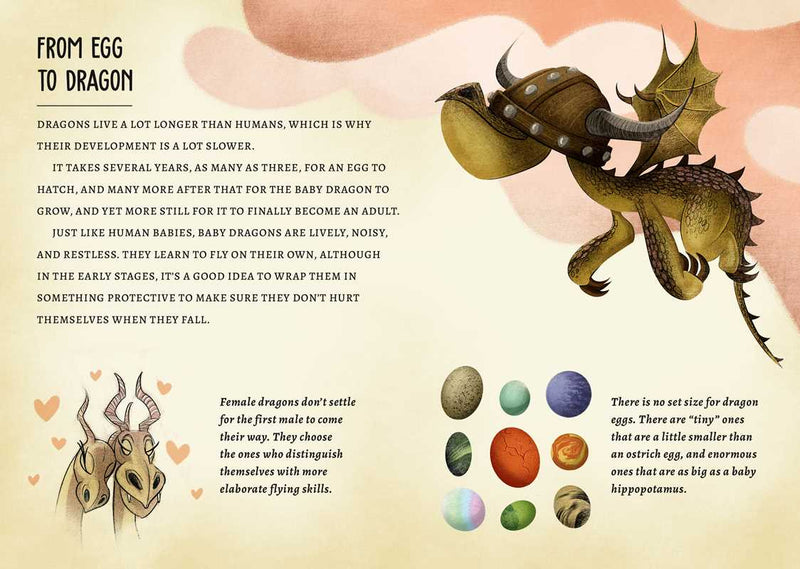 Illustration of a dragon with information about dragon development and eggs on a beige background.
