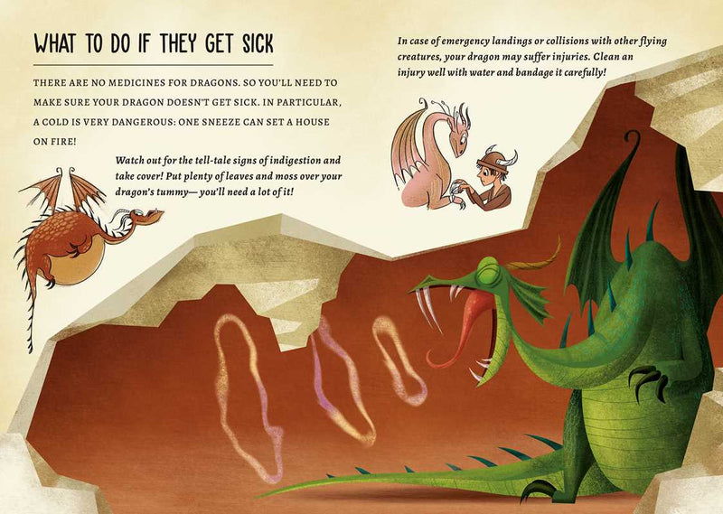 Illustration from a book or comic about dragons, including text and illustrations of dragons and a person.