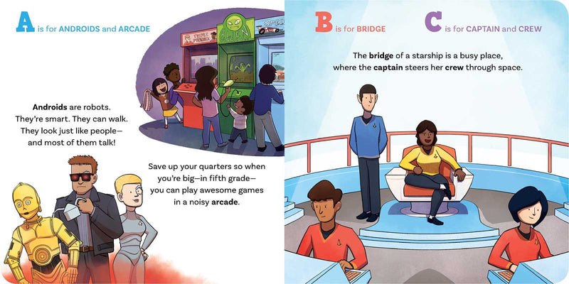 Illustrated book page with characters and text about robots, a starship bridge, and a captain and crew.