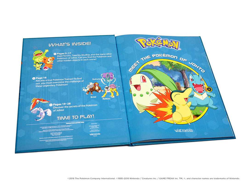 Open Pokémon trading card game book with character illustrations and text on a white background