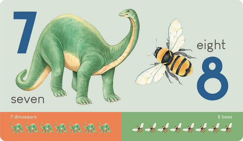 Educational card with a dinosaur and bee illustration, labeled 'seven' and 'eight'.