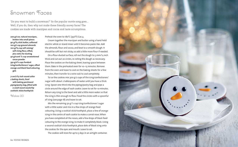 Snowman-themed cookies with a glass of milk on a plate, next to text about snowmen faces.