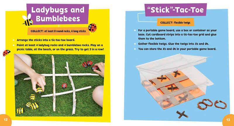 Two educational pages about ladybugs, bumblebees, and a 'Stick' Tic-Tac-Toe game.