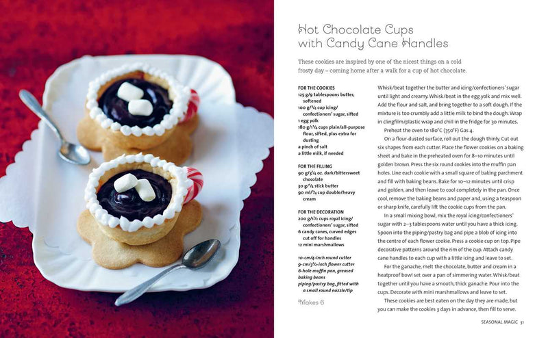 Hot Chocolate Cup cookies with candy cane handles on a plate with a red background