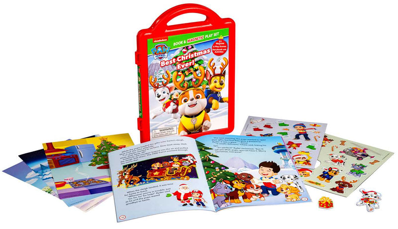 Children's educational toy set with books and stickers on a white background