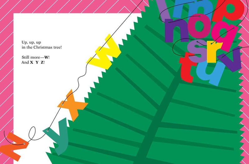 Colorful alphabet letters on a Christmas tree with a pink border