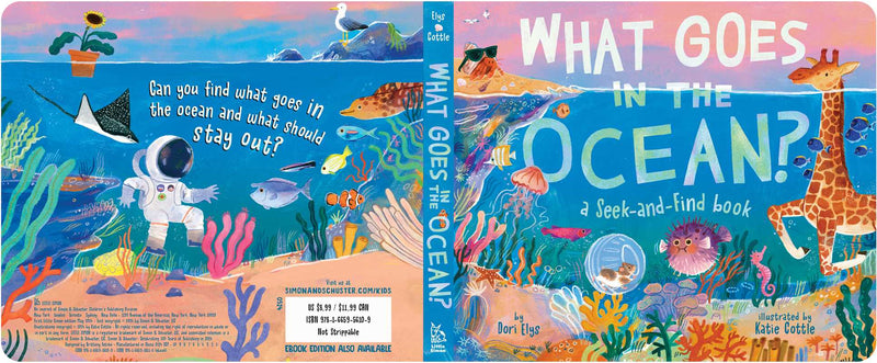 Children's book titled 'What Goes in the Ocean' with colorful illustrations of ocean life and a question about finding something.