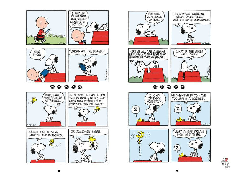Comic strip with Snoopy and Woodstock in various poses on a white background