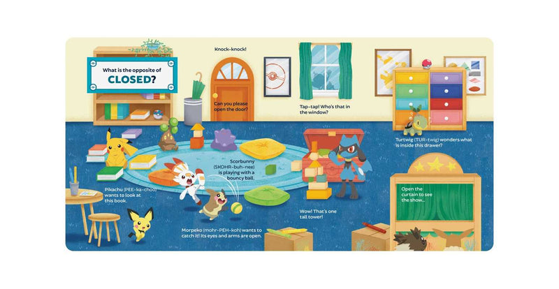 Children's book page with a classroom scene, questions, and illustrations.