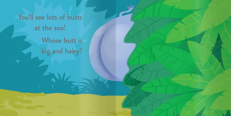 Children's book page with jungle scene and question about zoo animals' butts.