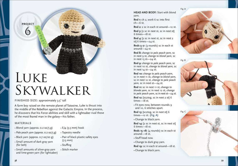 Crochet pattern book page for creating a Luke Skywalker character with text and images of the crochet process.