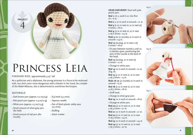Crochet pattern book page for creating a Princess Leia figure with text and images of the process.