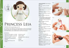 Crochet pattern book page for creating a Princess Leia figure with text and images of the process.