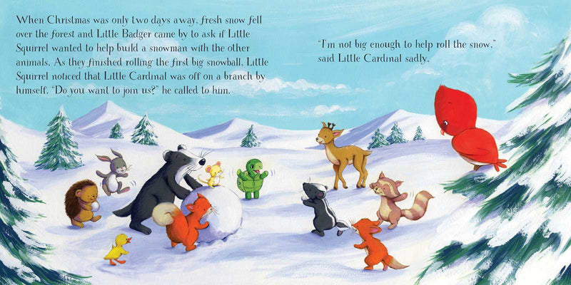 Illustration of animals in a snowy forest with text about Christmas and Little Cardinal.