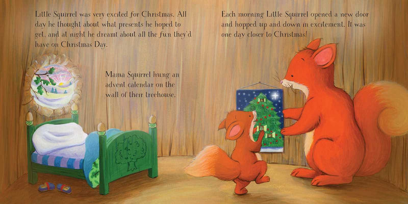 Illustration of a squirrel opening a door to a Christmas scene, with text about Christmas excitement.