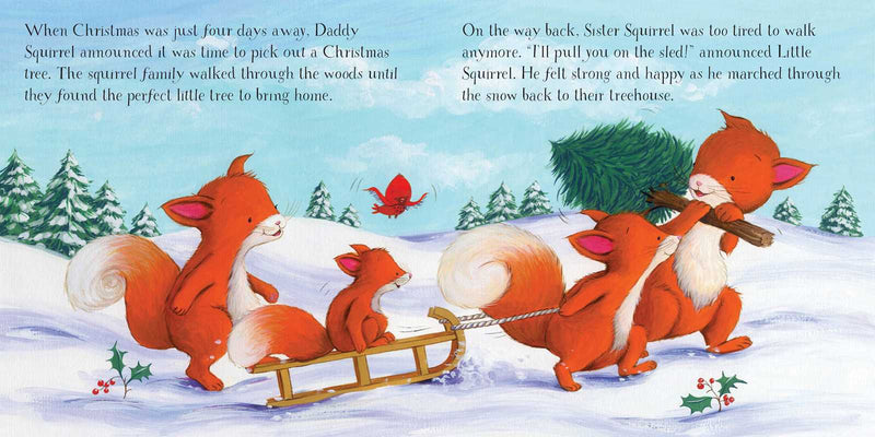 Illustration of a winter scene with squirrels on a sled, part of a Christmas-themed storybook.