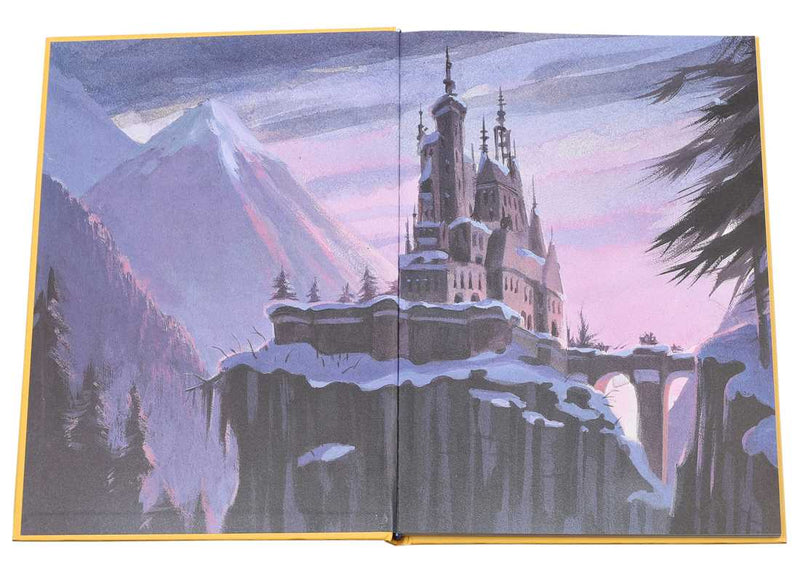 Illustration of a castle on a cliff with mountains and trees in the background