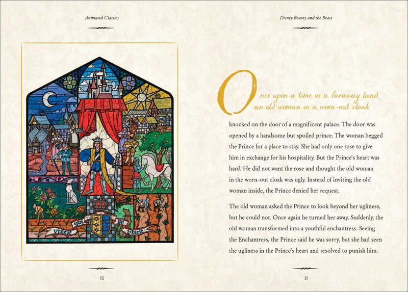 Page from a book with stained glass window illustration and text