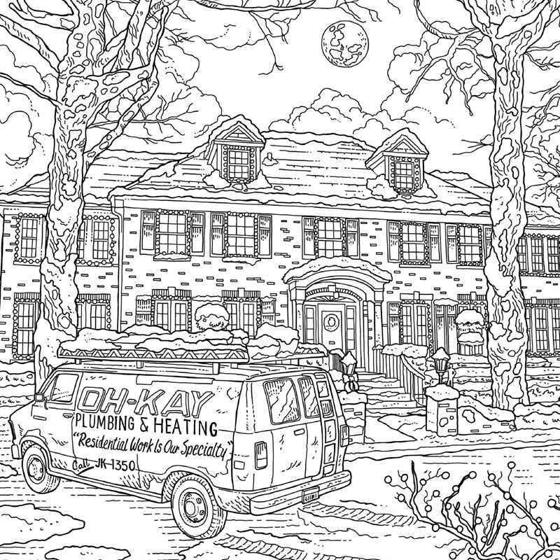 Illustration of a van with 'Oh-Kay Plumbing & Heating' in front of a house on a snowy street.