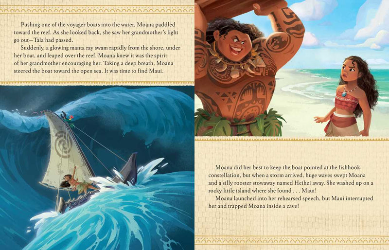 Illustrated book page from 'Moana' featuring Maui and Moana with ocean and island background.
