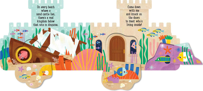 Colorful children's book page with sandcastle, boat, and fish illustration.