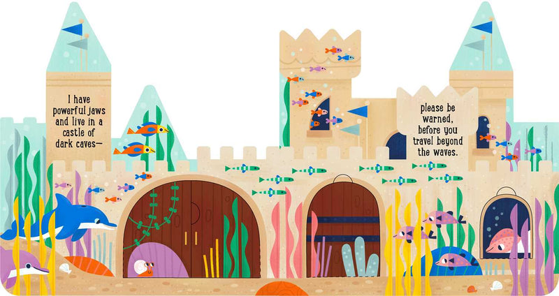 Illustration of an underwater castle with fish and sea creatures.