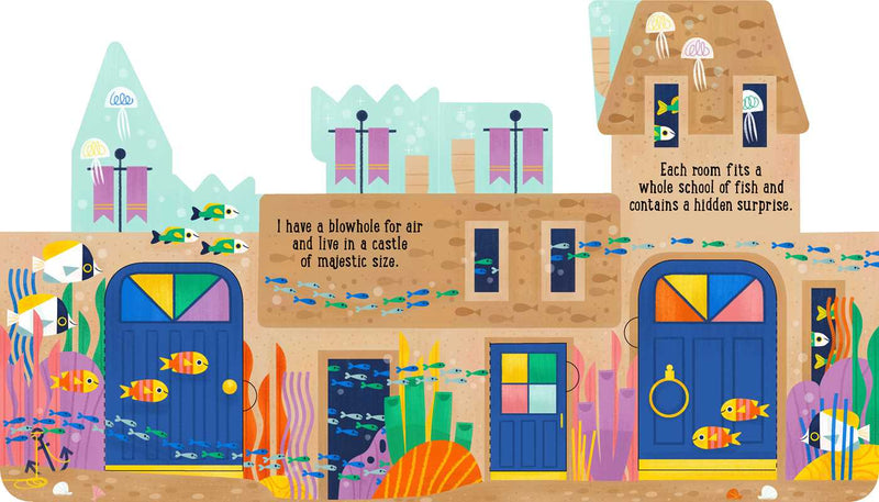 Colorful children's book page with a house, doors, and fish illustrations.