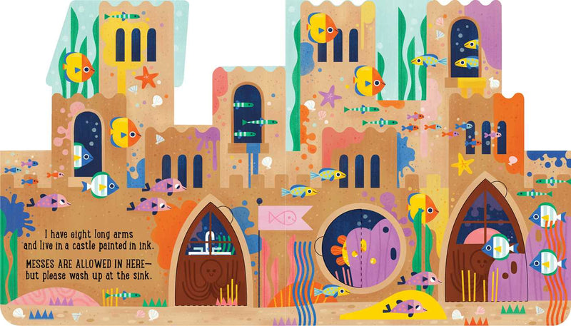 Colorful castle illustration with fish and text on a white background