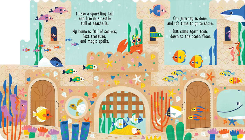 Children's book page with an underwater castle scene and sea creatures.