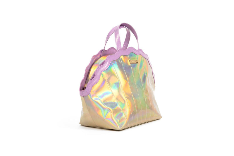 Holographic bag with purple handle on a white background