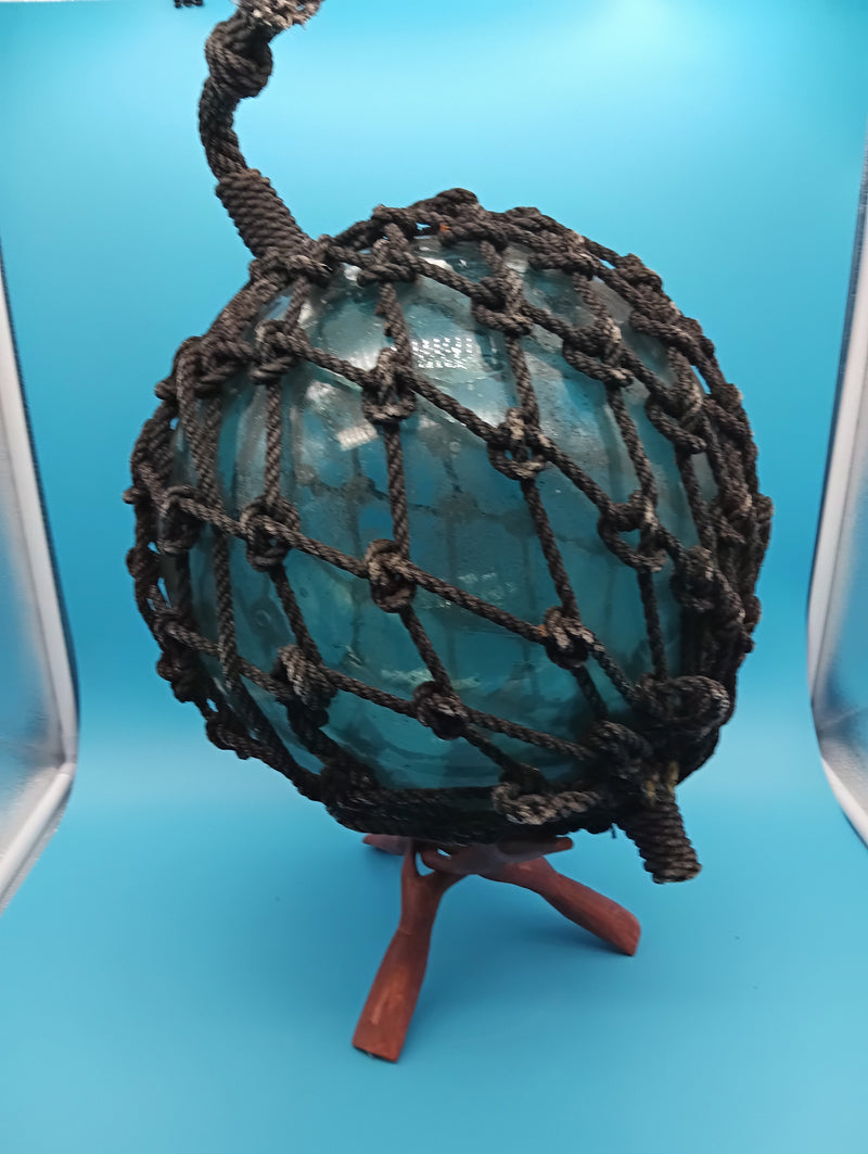 Japanese glass fishing float with rope netting, aqua blue-green 10.5" nautical décor