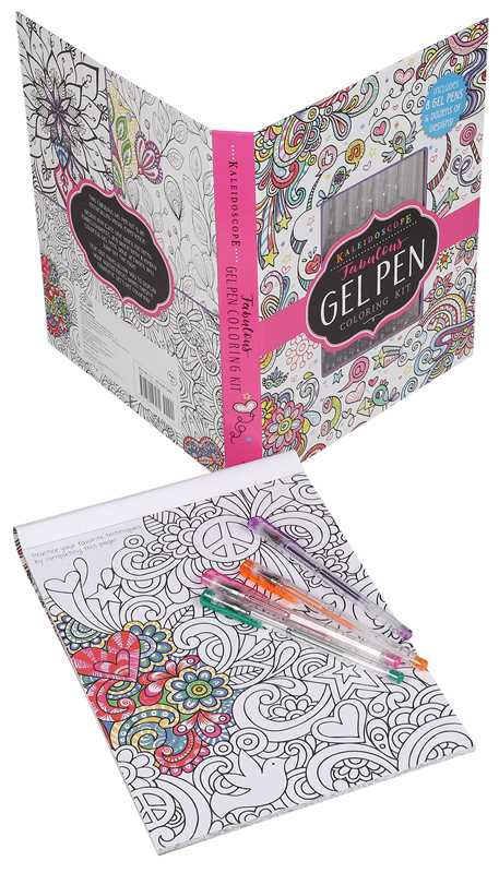 Coloring book with paisley patterns and gel pens on a white background