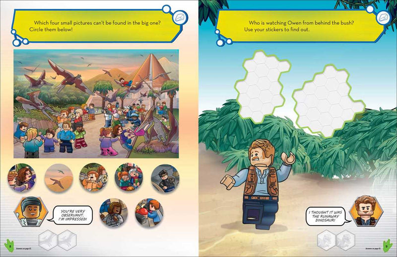 Two educational pages from a children's book featuring a dinosaur theme and character interactions.