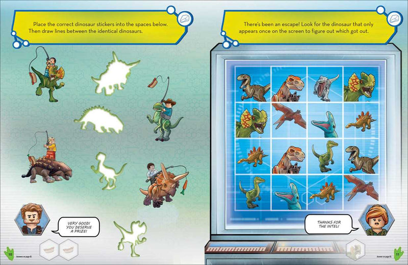 Educational game with dinosaur stickers and a matching puzzle on a blue background.