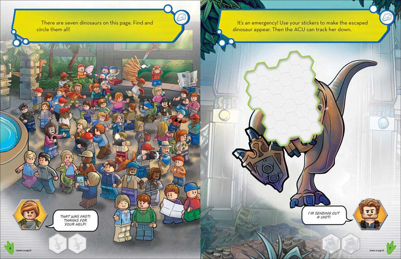 Children's book page with LEGO figures and dinosaur illustration, featuring text and graphics.