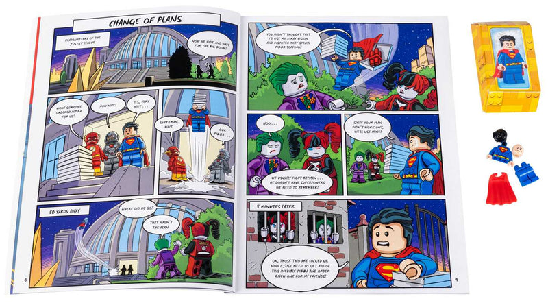 Comic book with superhero characters and a toy figure on a white background