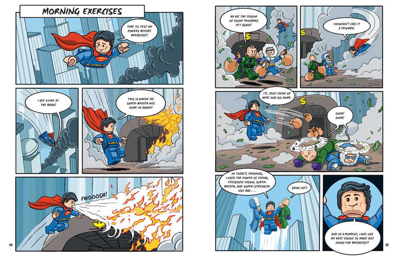Comic strip with superhero character performing morning exercises and interacting with other characters.