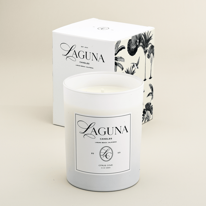 Laguna Candles Citrus Cove 13oz luxury candle in frosted white glass vessel sitting in front of a white gift box with black tropical palm tree and bird illustrations.